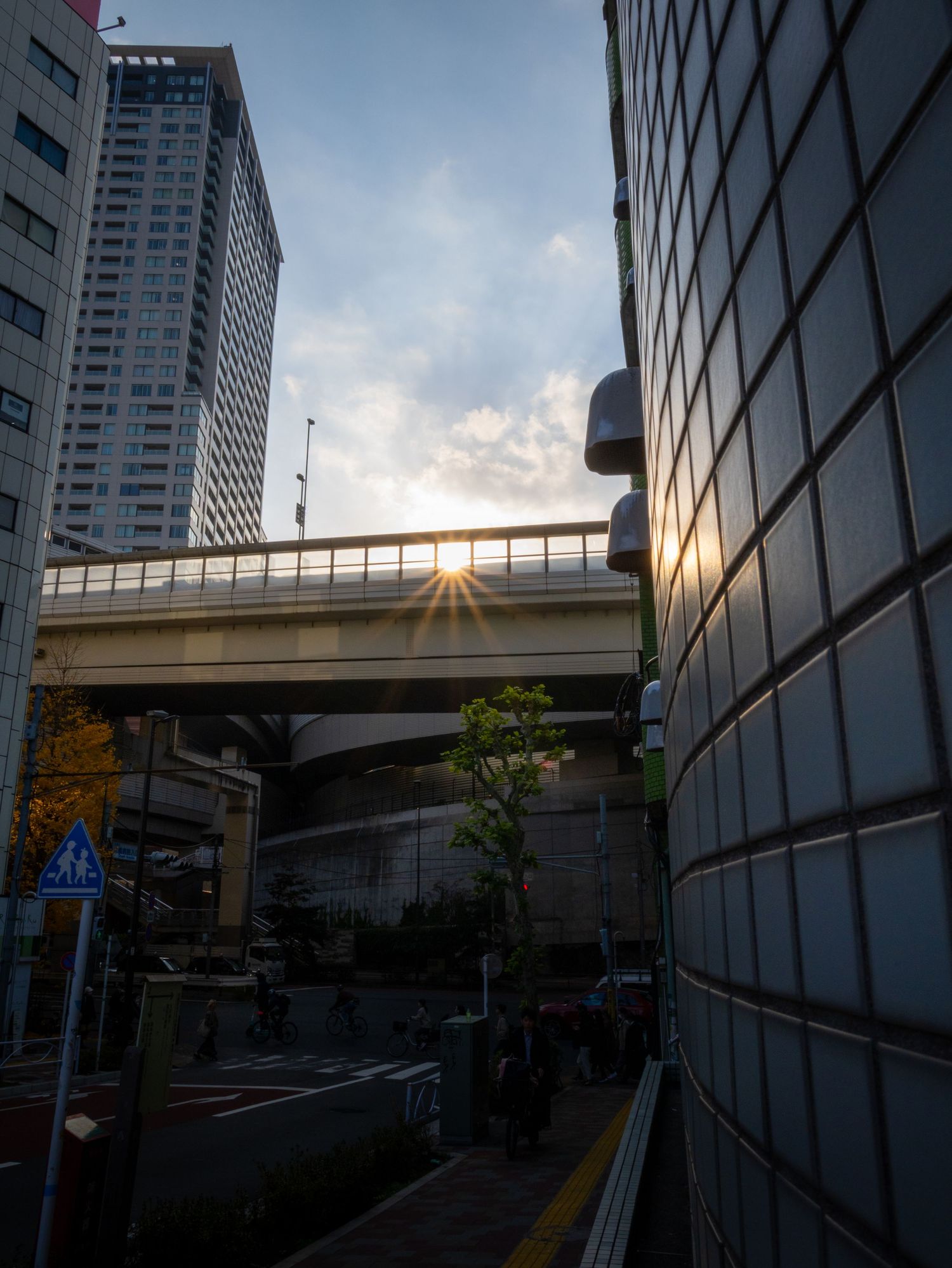 Modern urban cityscape with tall buildings and elevated walkway at sunset creating dramatic lighting and shadows.