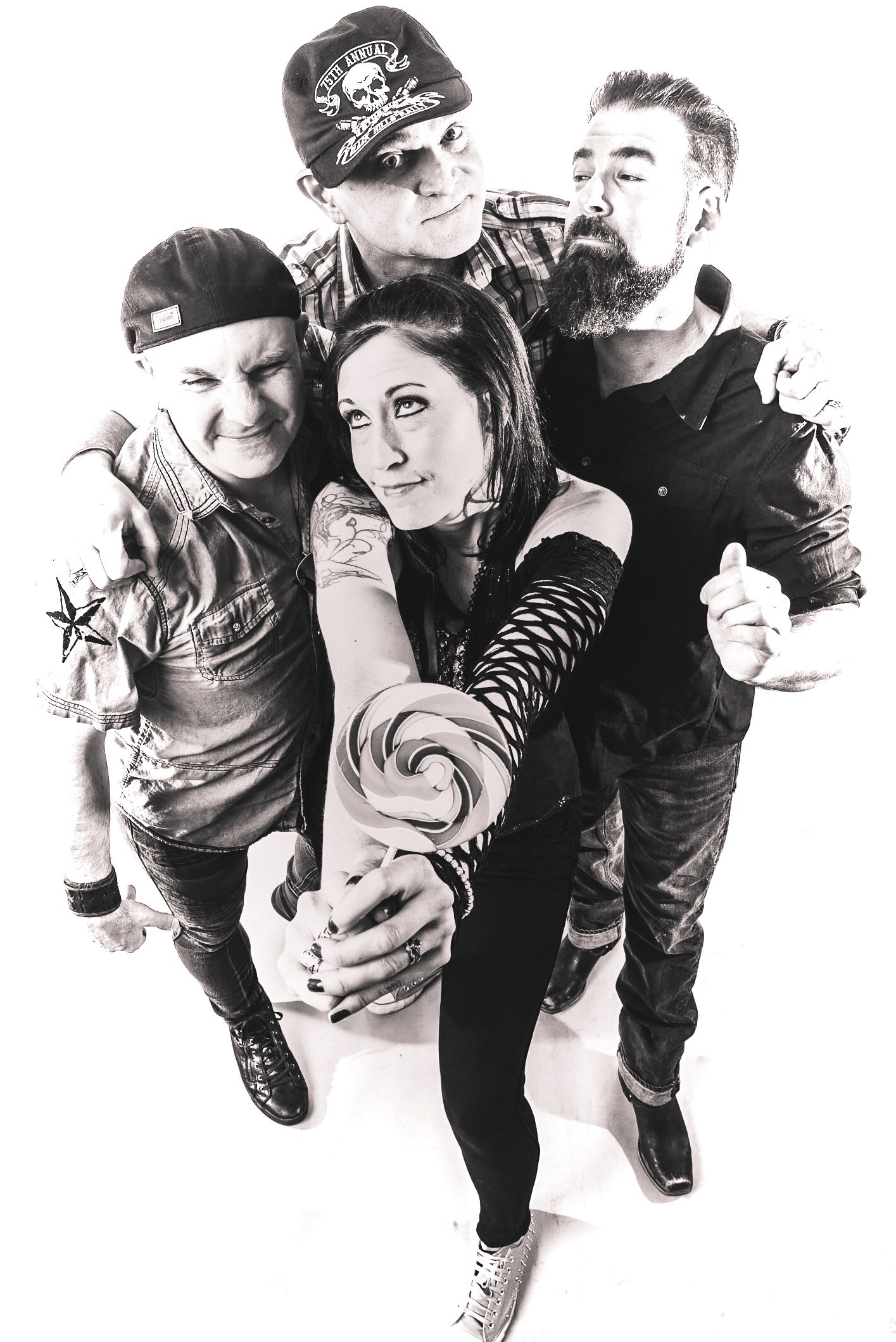 High angle group photo of Chicago cover band Sucker Punch wearing casual black attire.