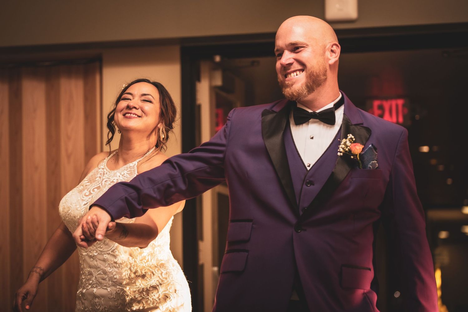 Reception venue photos showing dancing and celebration with purple decor accents.
