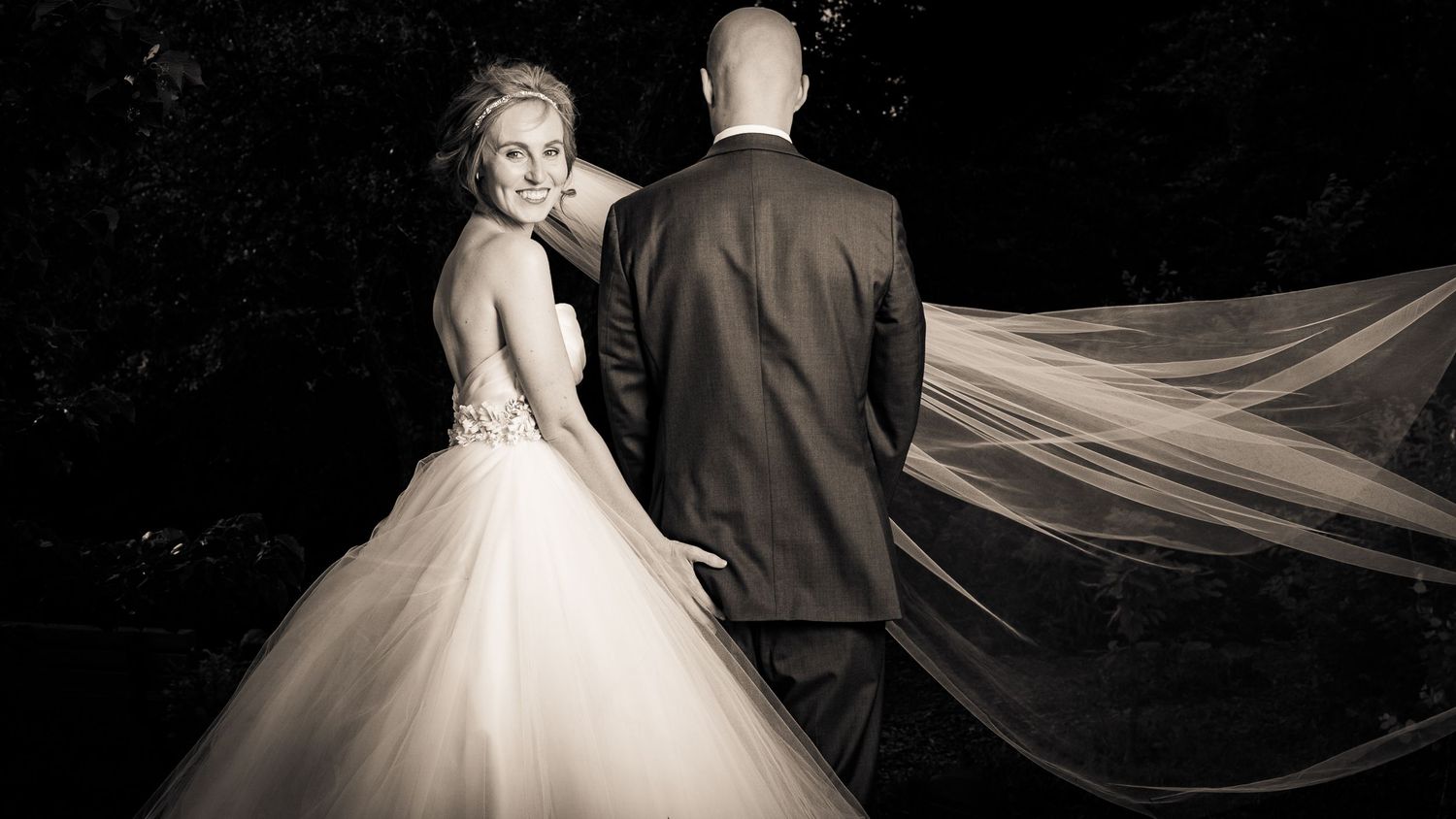 Dramatic black and white wedding portraits showing silhouettes and flowing veil details.