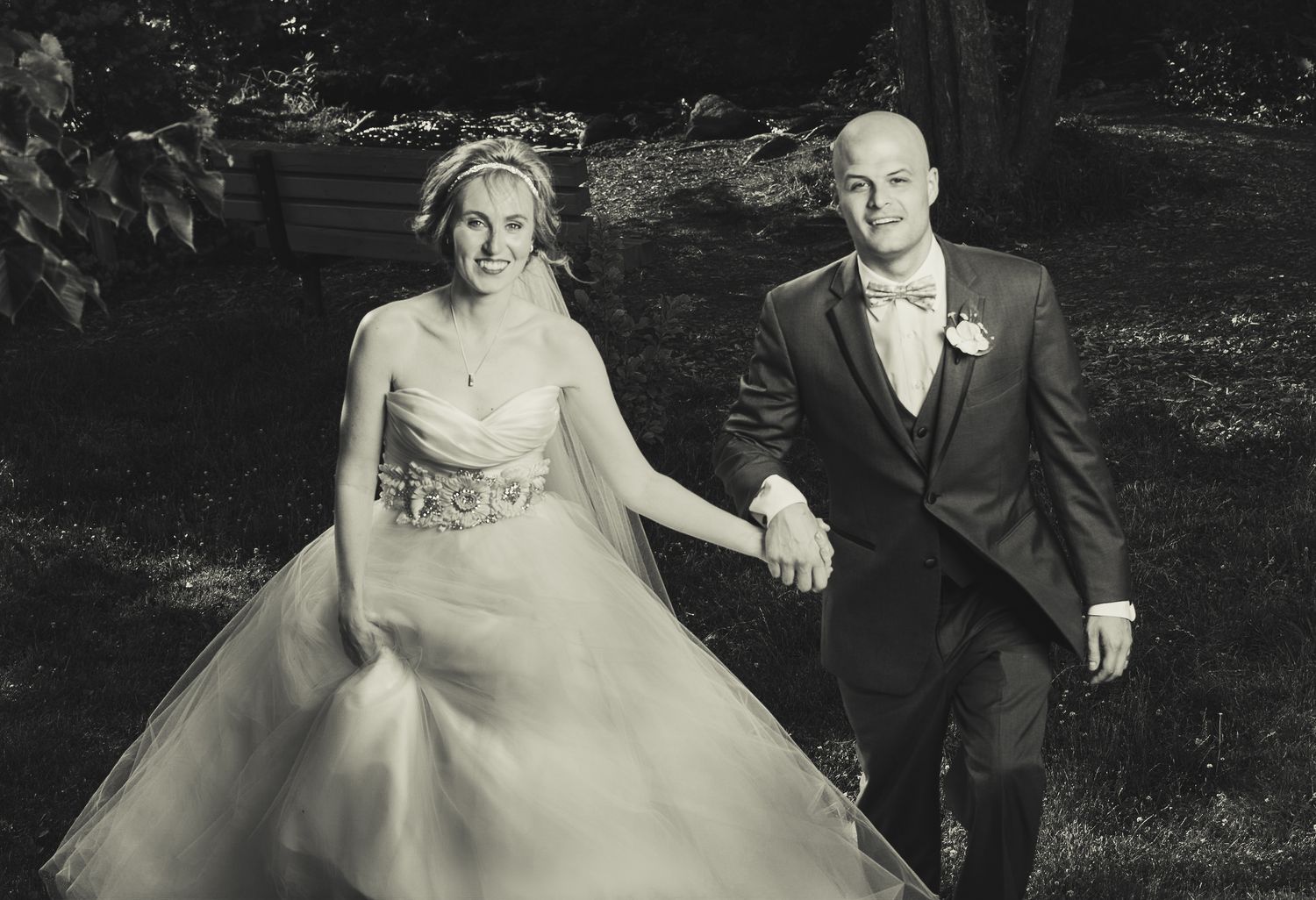 Wedding photography sequence showing joyful moments between newlyweds in an outdoor garden setting.