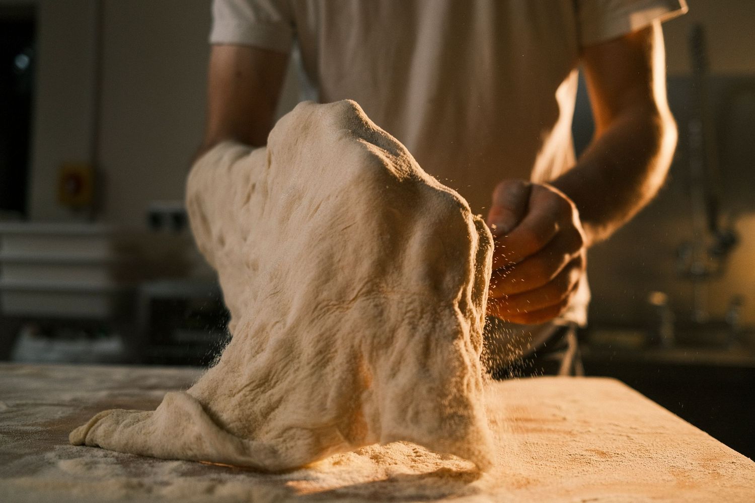 Baker stretching fresh bread dough over floured surface in warm golden bakery light.