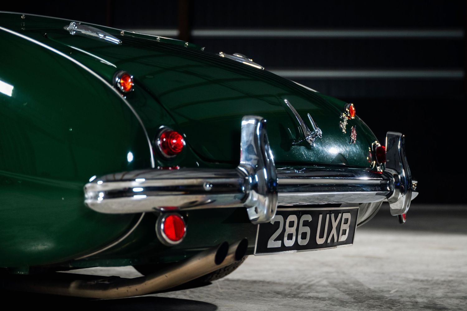 Rear view of British racing green Austin-Healey classic car showing tail lights and chrome bumper. Motorist Collection