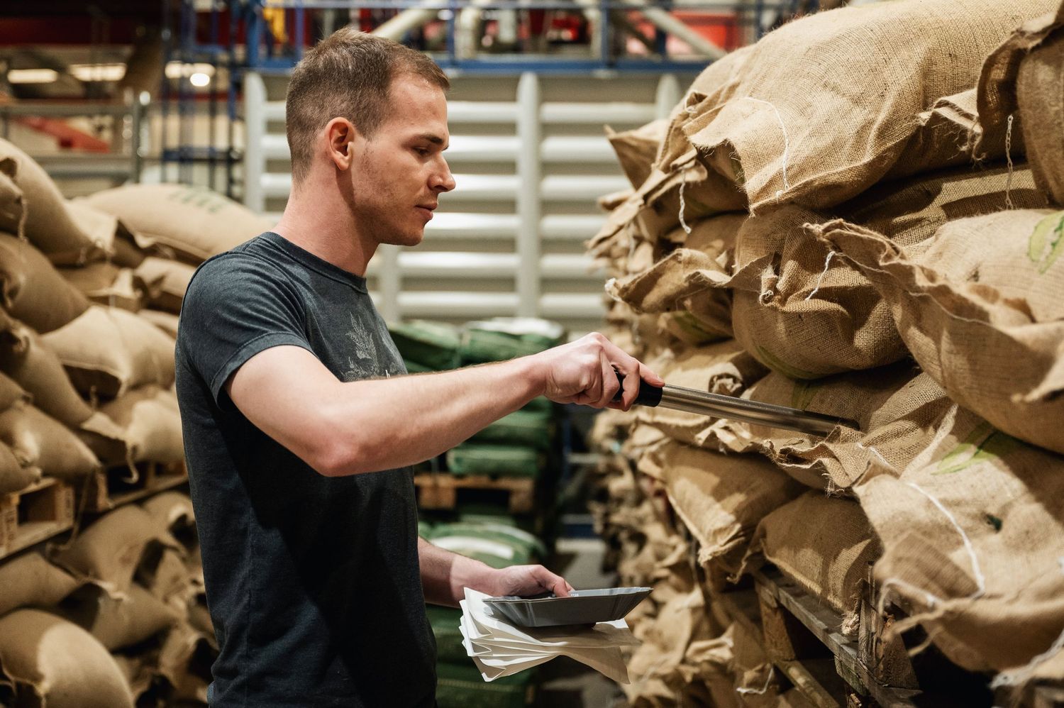 Worker inspecting burlap sacks of coffee beans stacked in a warehouse using a handheld scanner. Bailies Coffee Roasters