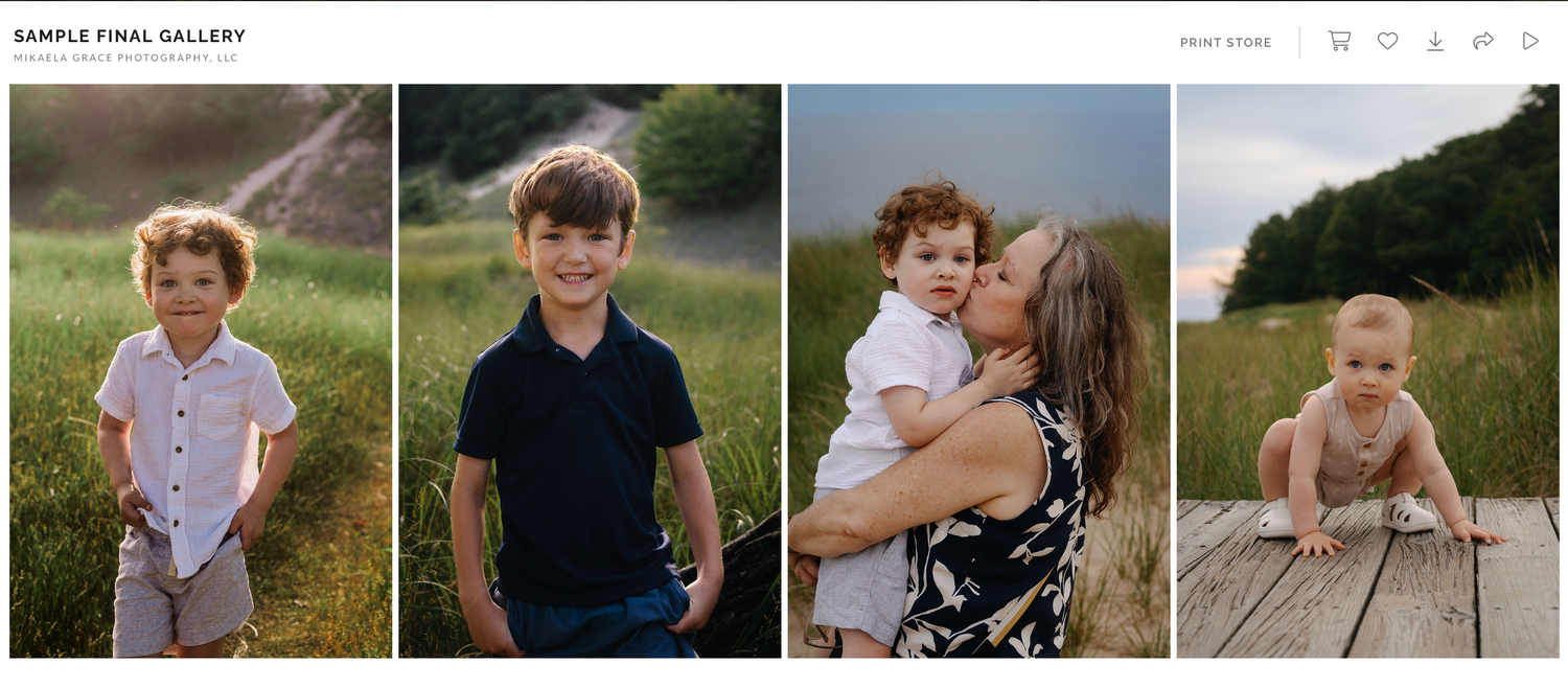 A series of outdoor family photo thumbnails arranged in a horizontal gallery strip showing candid moments and poses.