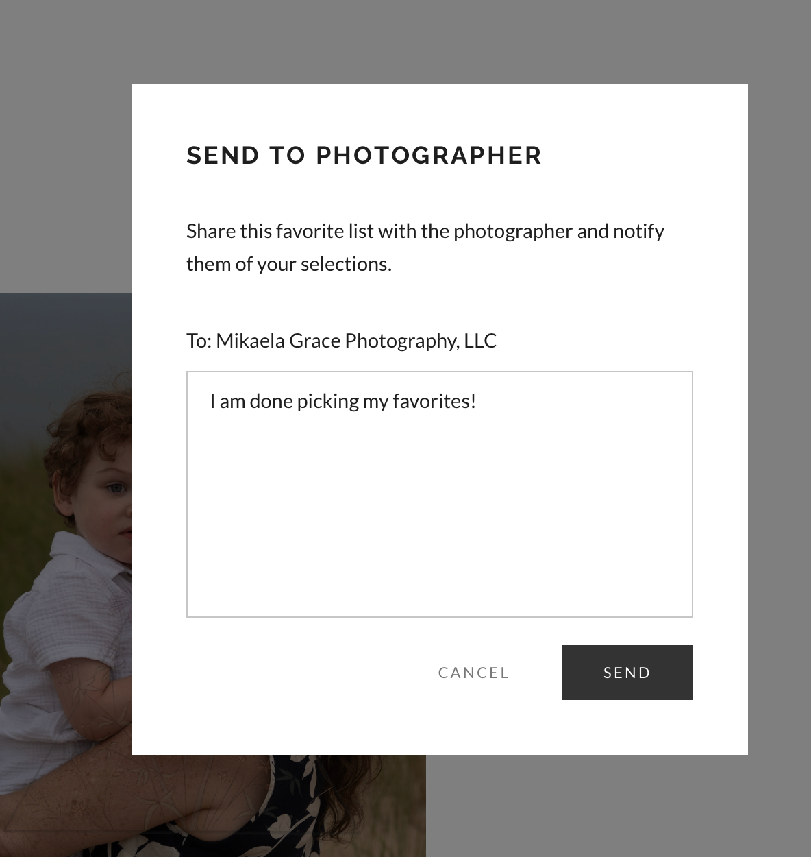 A photo selection interface showing a gallery view with thumbnail images and send/cancel buttons.