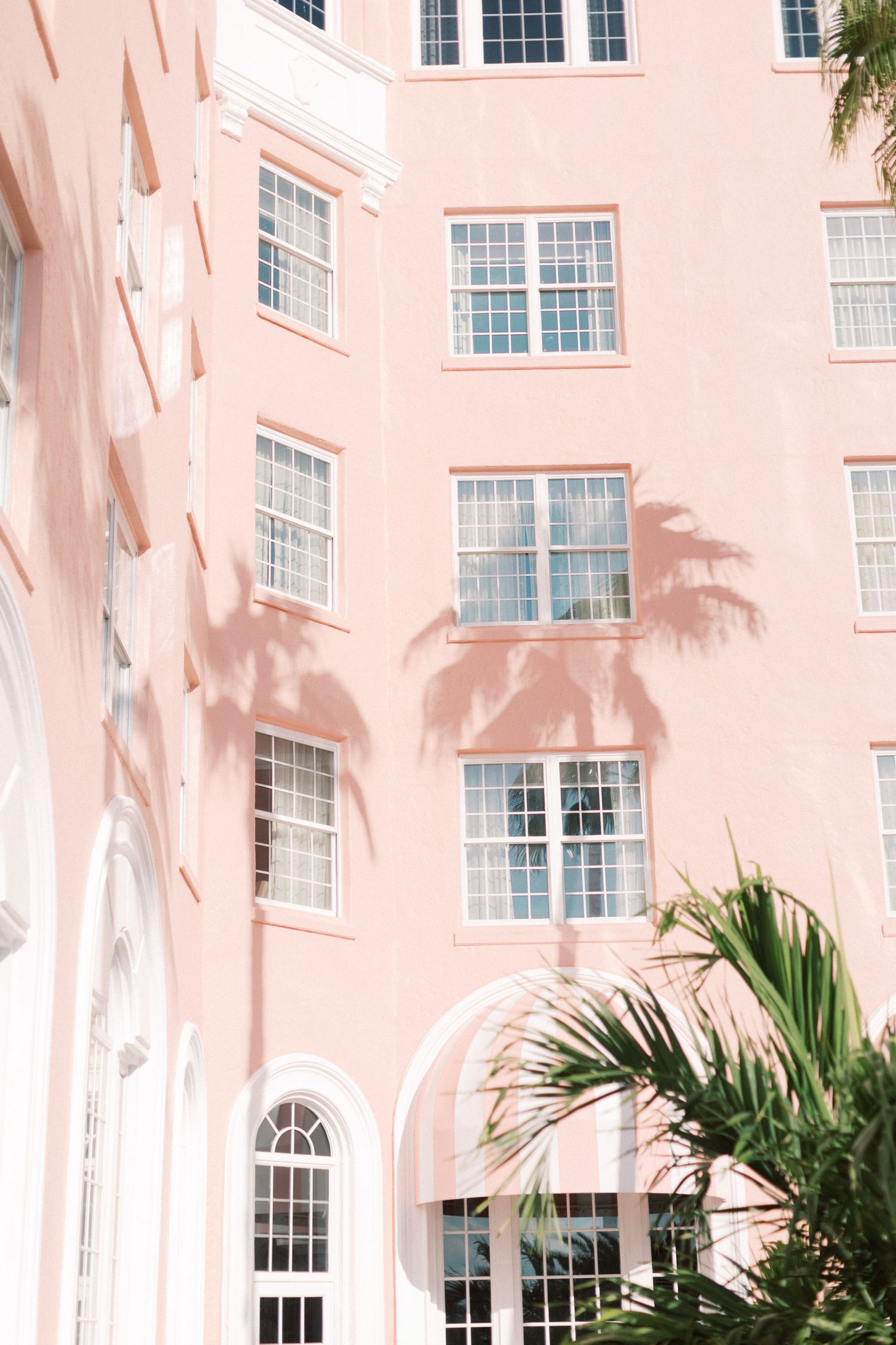 Exterior view of pink Mediterranean-style building with white trim and palm tree shadows.