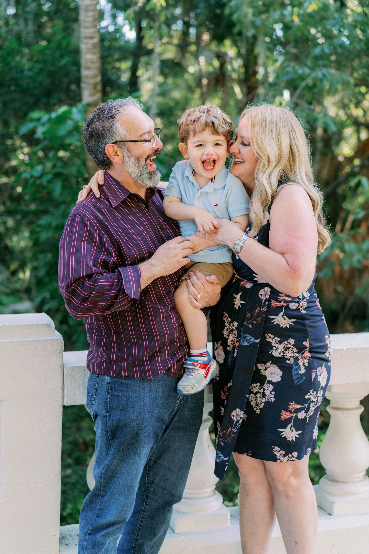 A joyful family moment captured in a series of candid photos showing playful interactions on an outdoor patio.