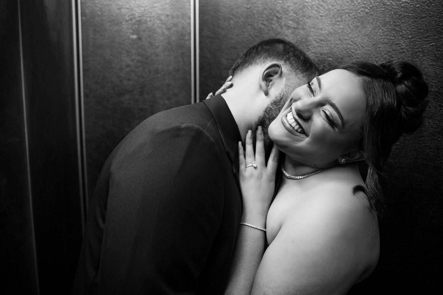 Romantic black and white portrait showing intimate connection between couple.