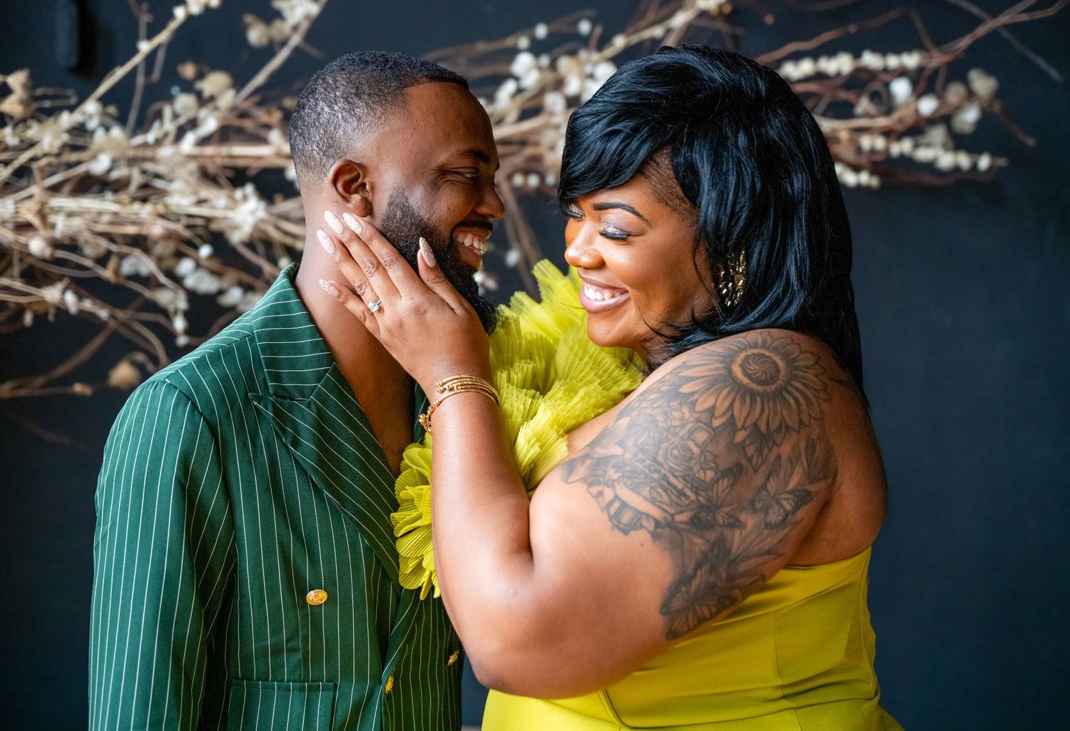 Romantic couple shares tender moments in a series of intimate portraits.