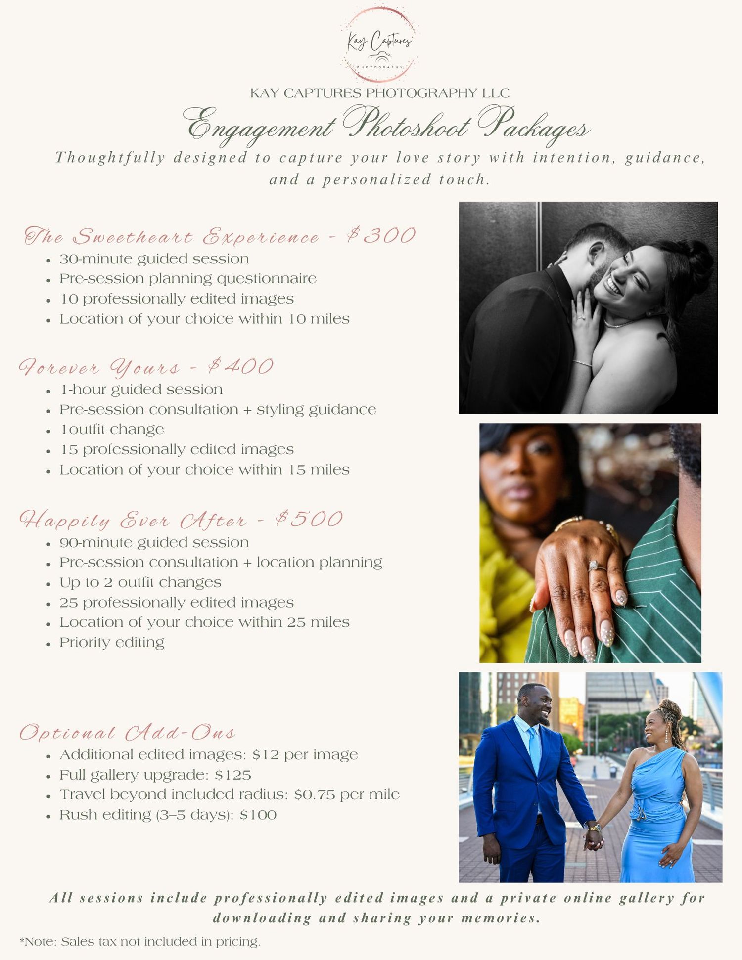 Professional photography website layout showcasing pricing packages and sample portfolio images in a clean design.
