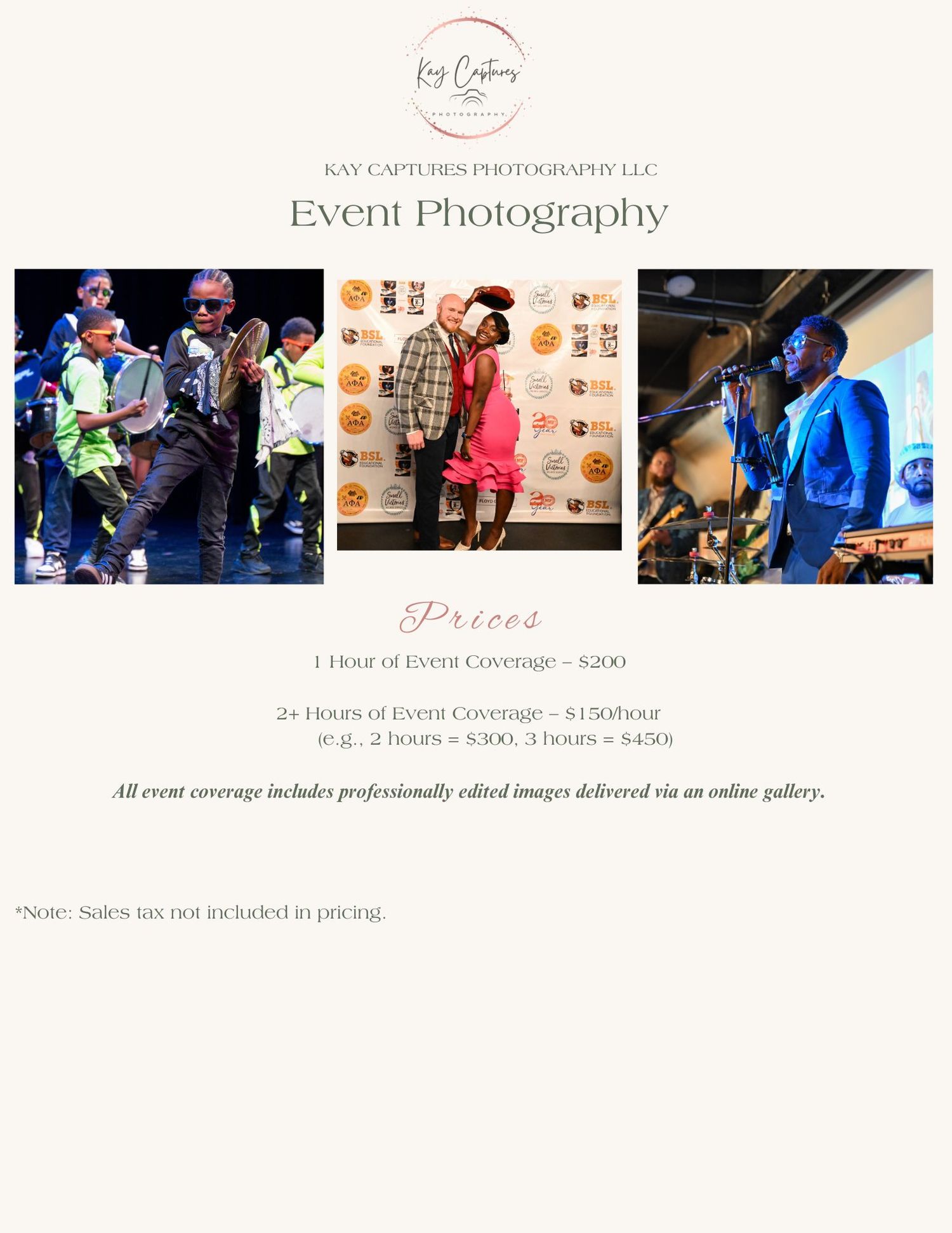 Professional event photography website header showcasing multiple live performance and celebration images in a gallery layout.