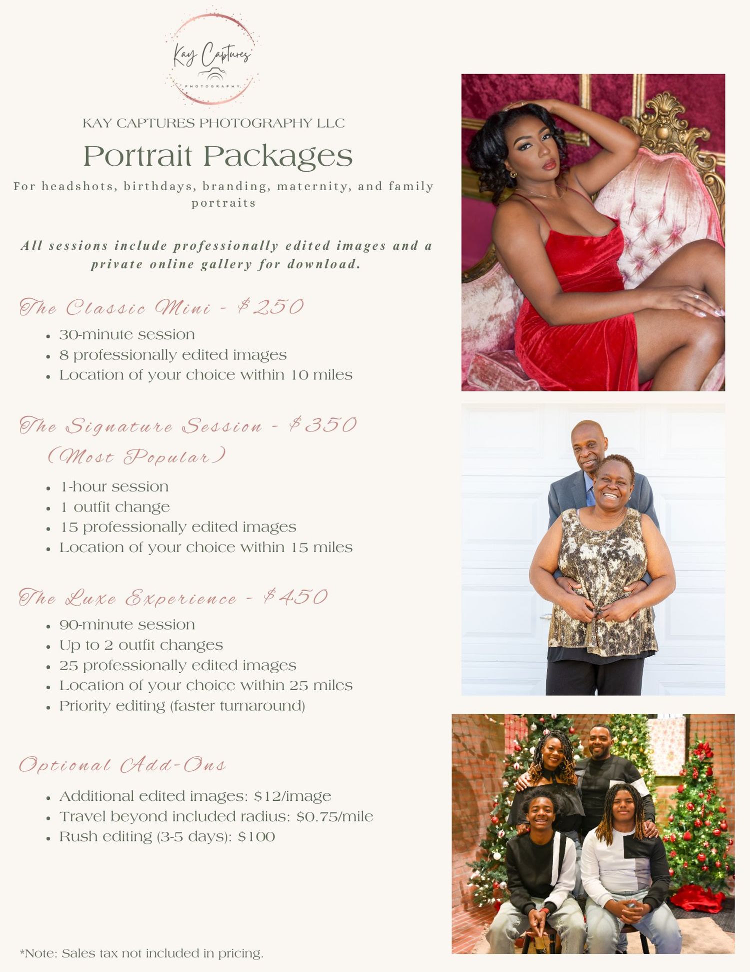 Photography studio pricing guide showing portrait package options with sample photos and service details.