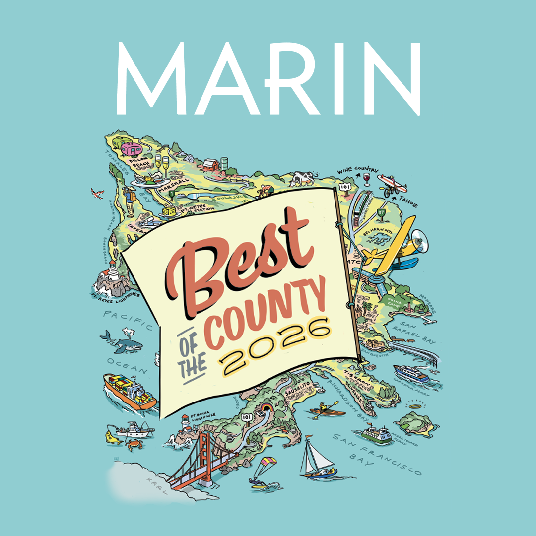 Marin Magazine Best of the County 2026 logo featuring a colorful illustrated map of Marin County on a light blue background.