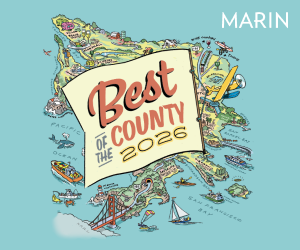Marin Magazine Best of the County 2026 illustrated map advertisement featuring colorful local landmarks.