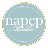 NAPCP Member 2025 badge, a round teal seal with gold border and elegant script lettering.