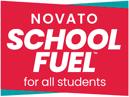 Novato School Fuel logo on red background with tagline for all students.