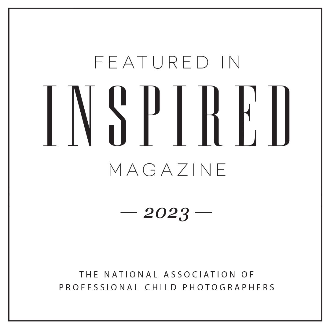 Badge featuring 'Featured in Inspired Magazine 2023' by the National Association of Professional Child Photographers.