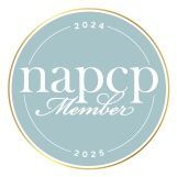 NAPCP Member 2024-2025 official badge, a circular seal with gold border on sage green background.