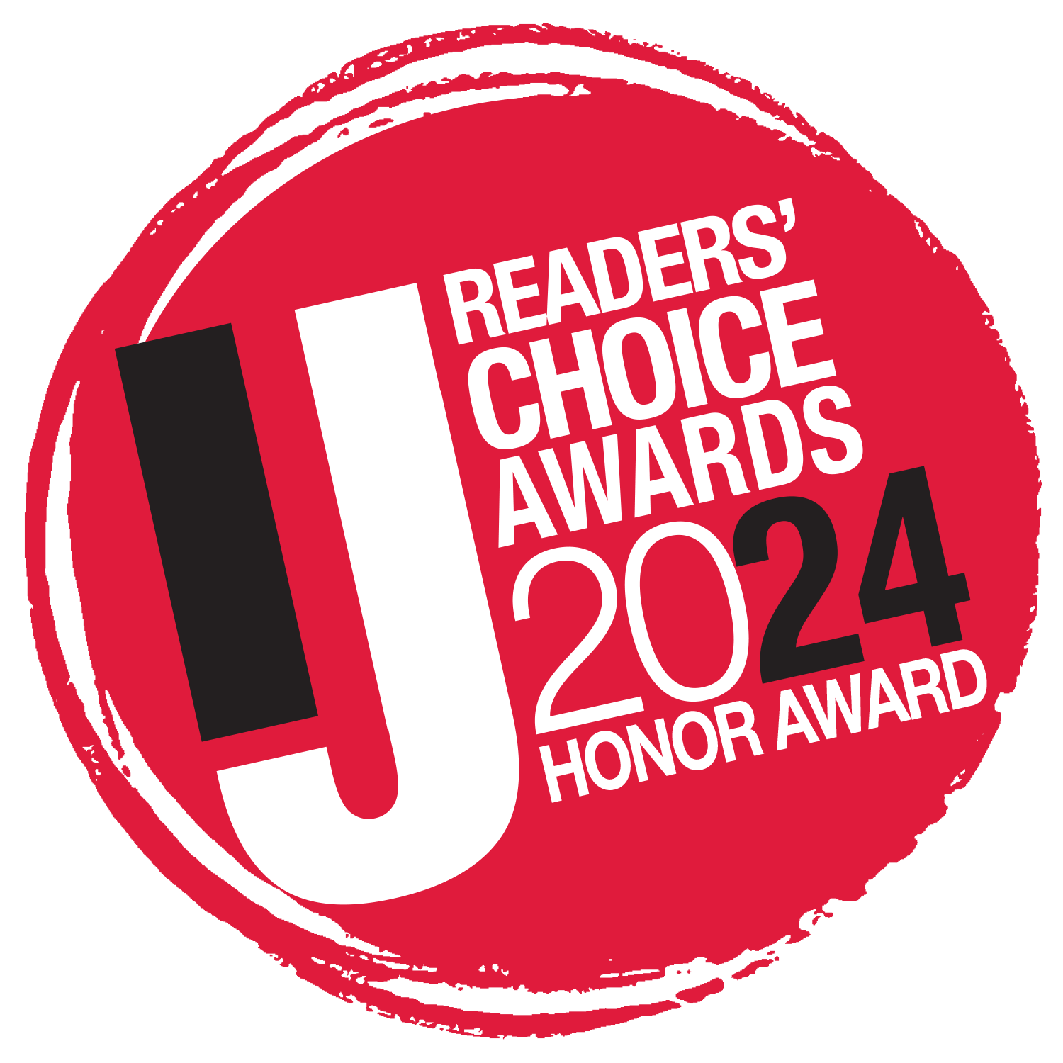 Red circular 2024 Readers' Choice Honor Award logo with text in white.
