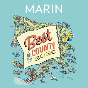 Marin Magazine Best of the County 2026 award badge featuring an illustrated map of Marin County, California.