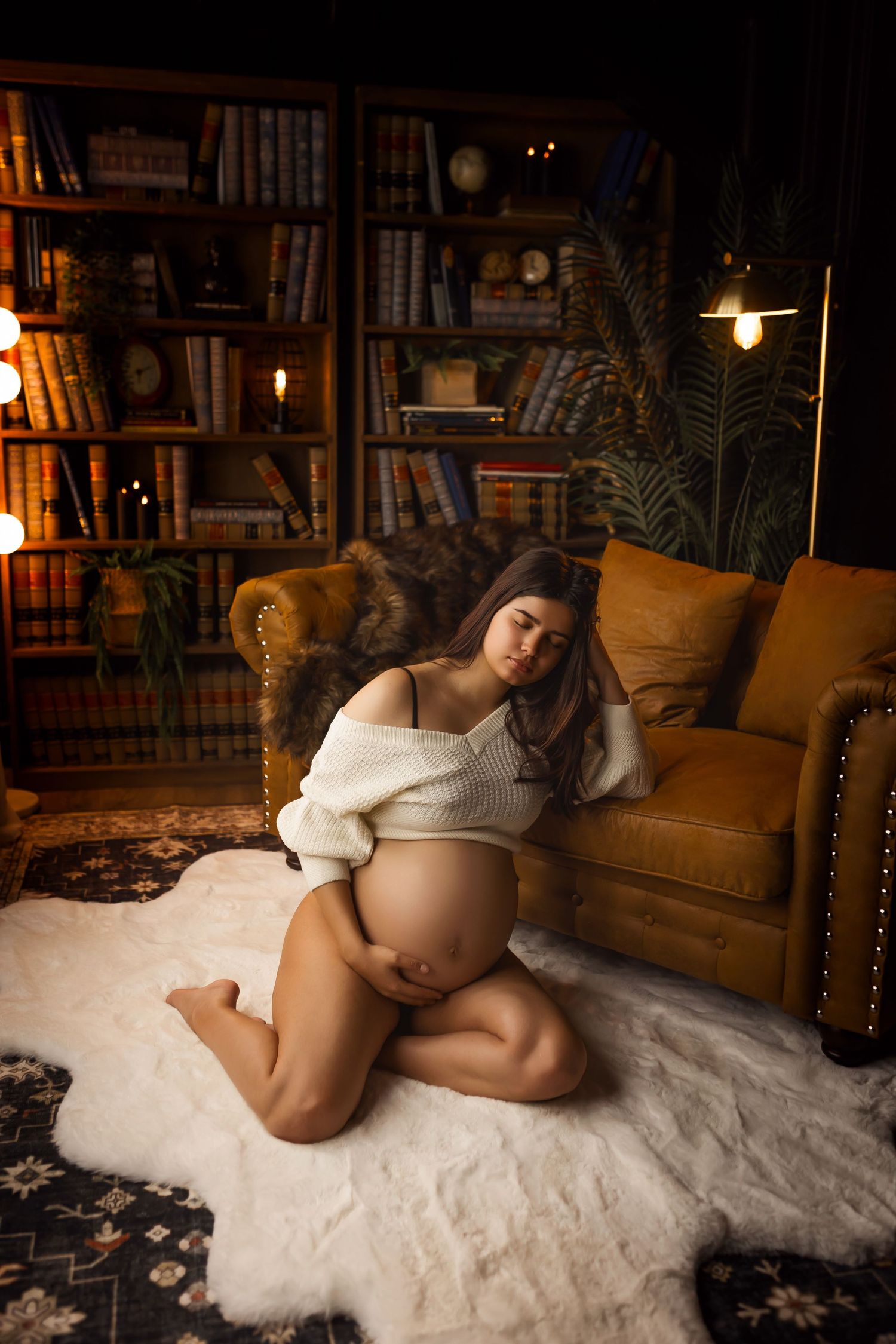 pregnant maternity portrait with warm studio lighting High Desert California