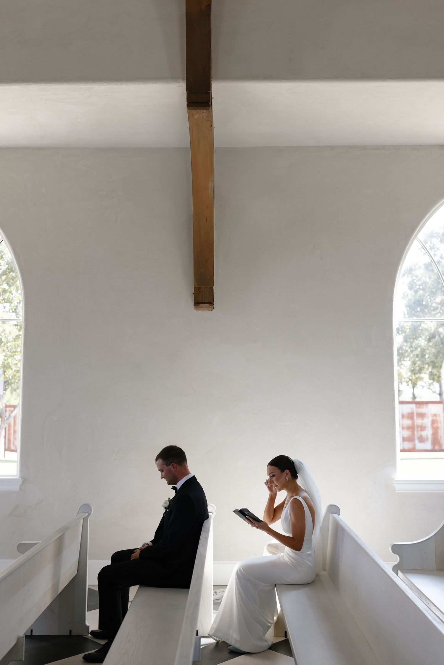 A sequence of photos showing two people sitting in a bright white room with arched windows.