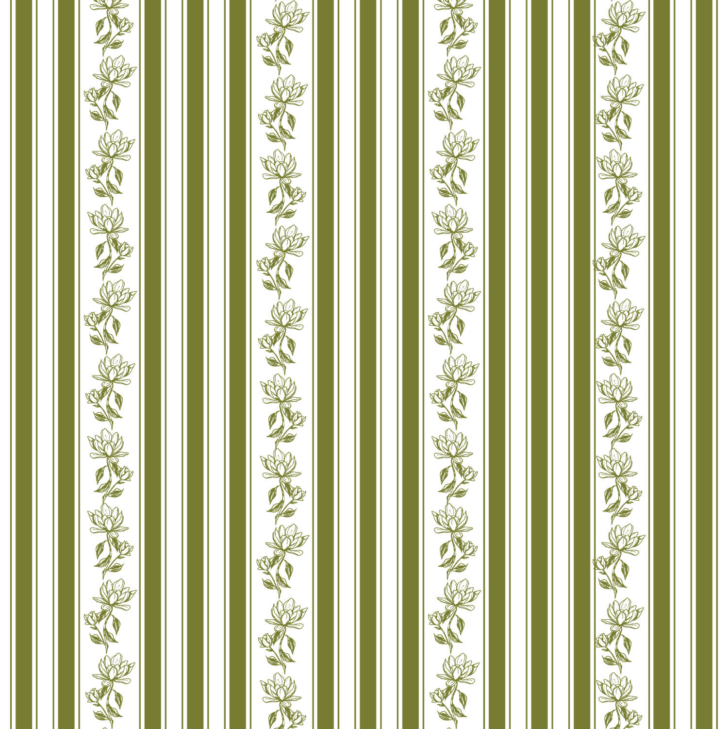 Elegant green and white striped wallpaper pattern with delicate floral vine designs between vertical stripes.