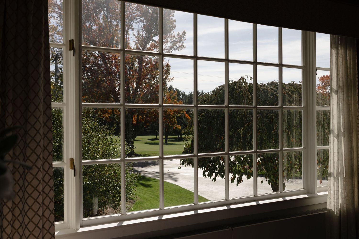 A panoramic view through a series of window panes looking out onto a grassy lawn and trees on a sunny day.