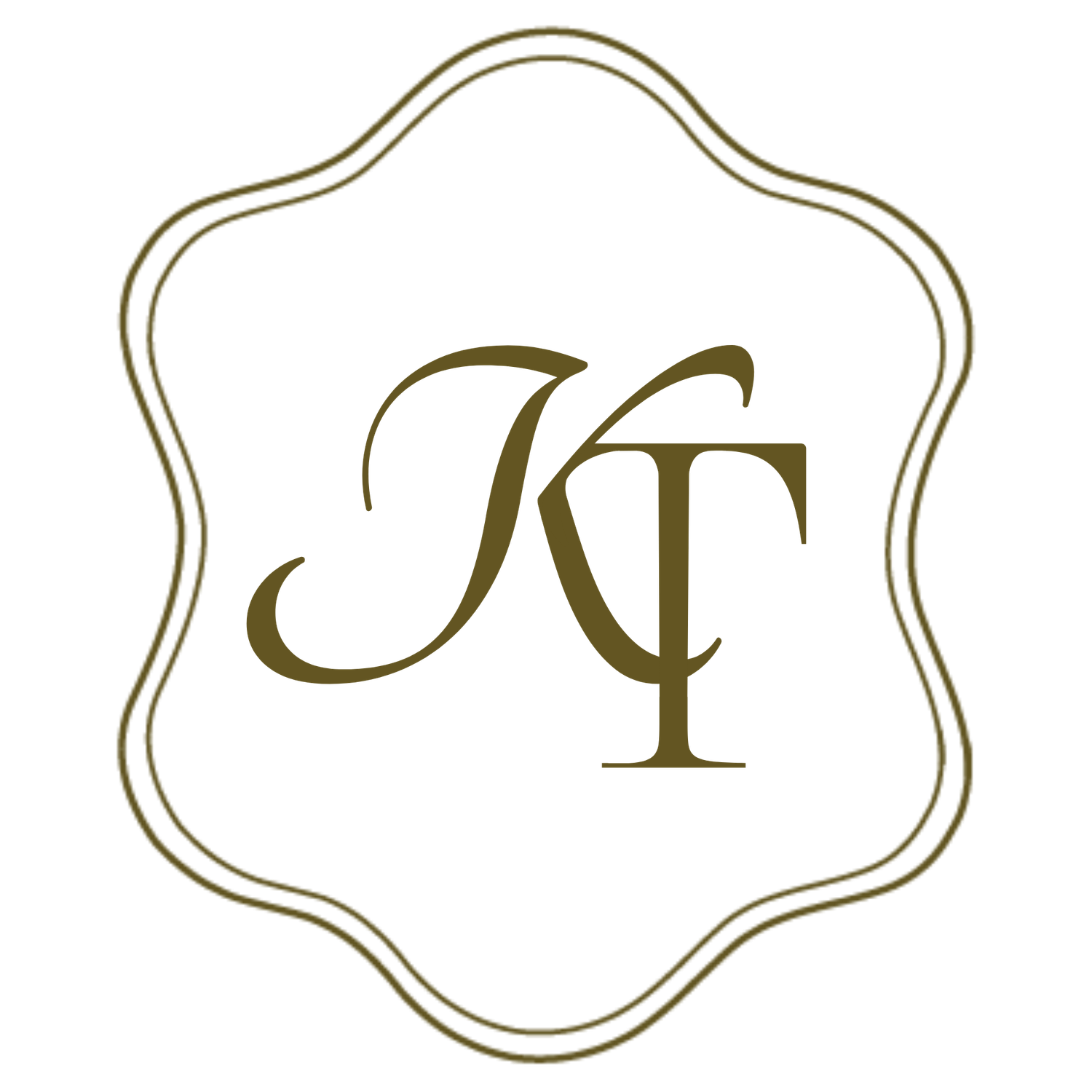 Elegant monogram logo design featuring intertwined letters KT in brown within a decorative scalloped frame.
