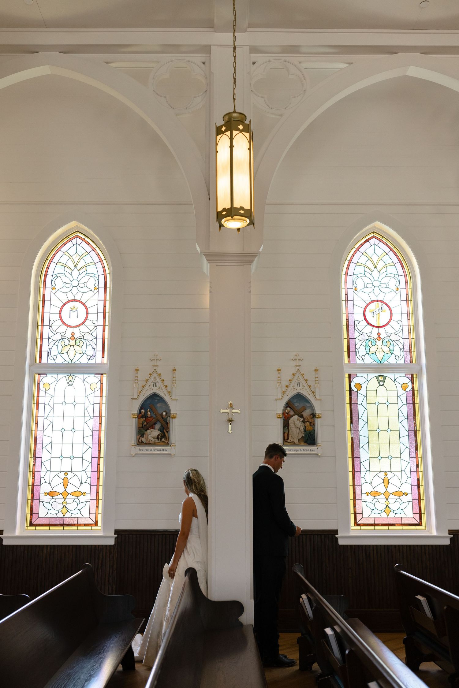 A sequence of photos showing a church interior with stained glass windows and pendant lighting fixtures.