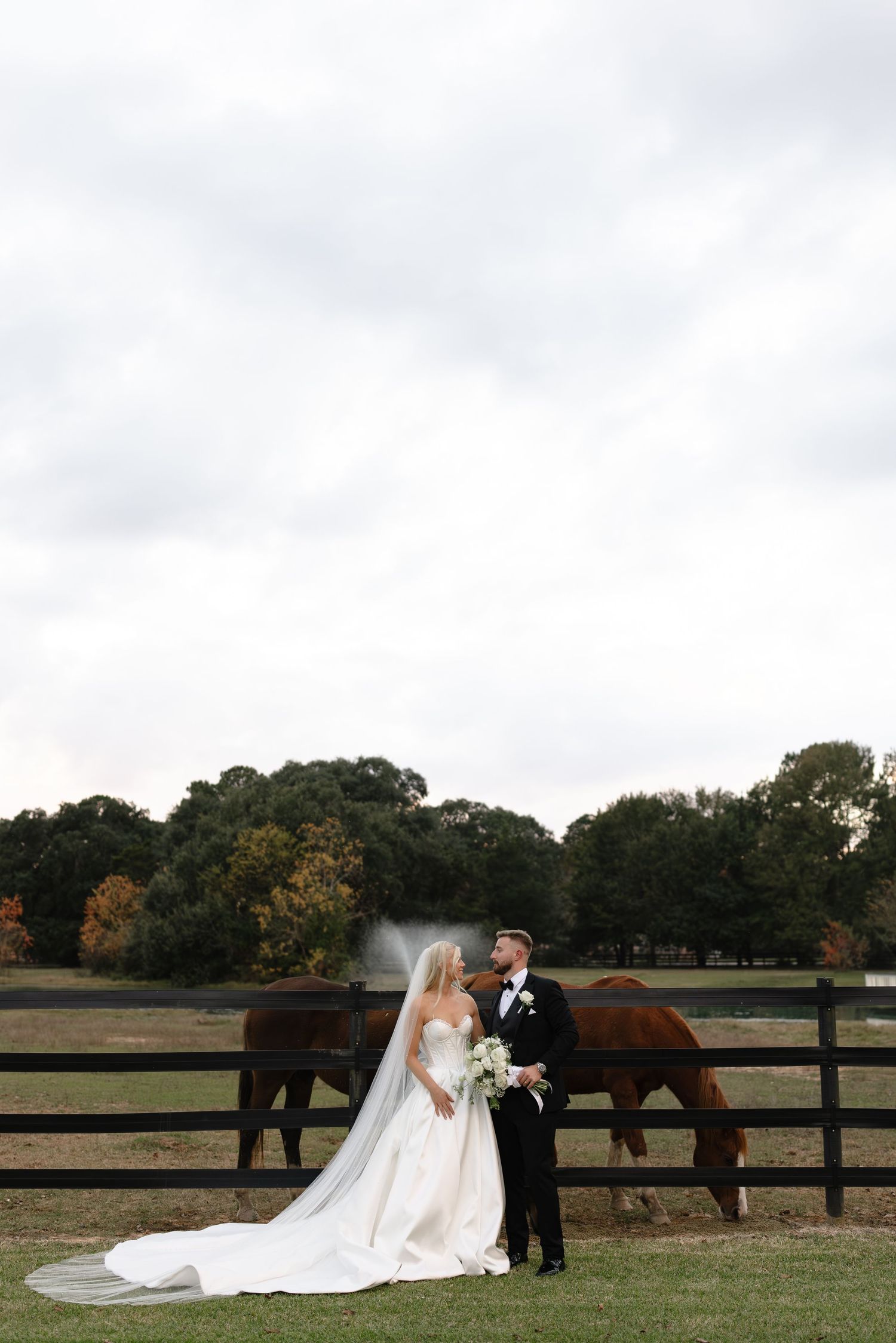 Bride and groom share intimate moments during outdoor wedding photoshoot with horses in rustic farm setting.