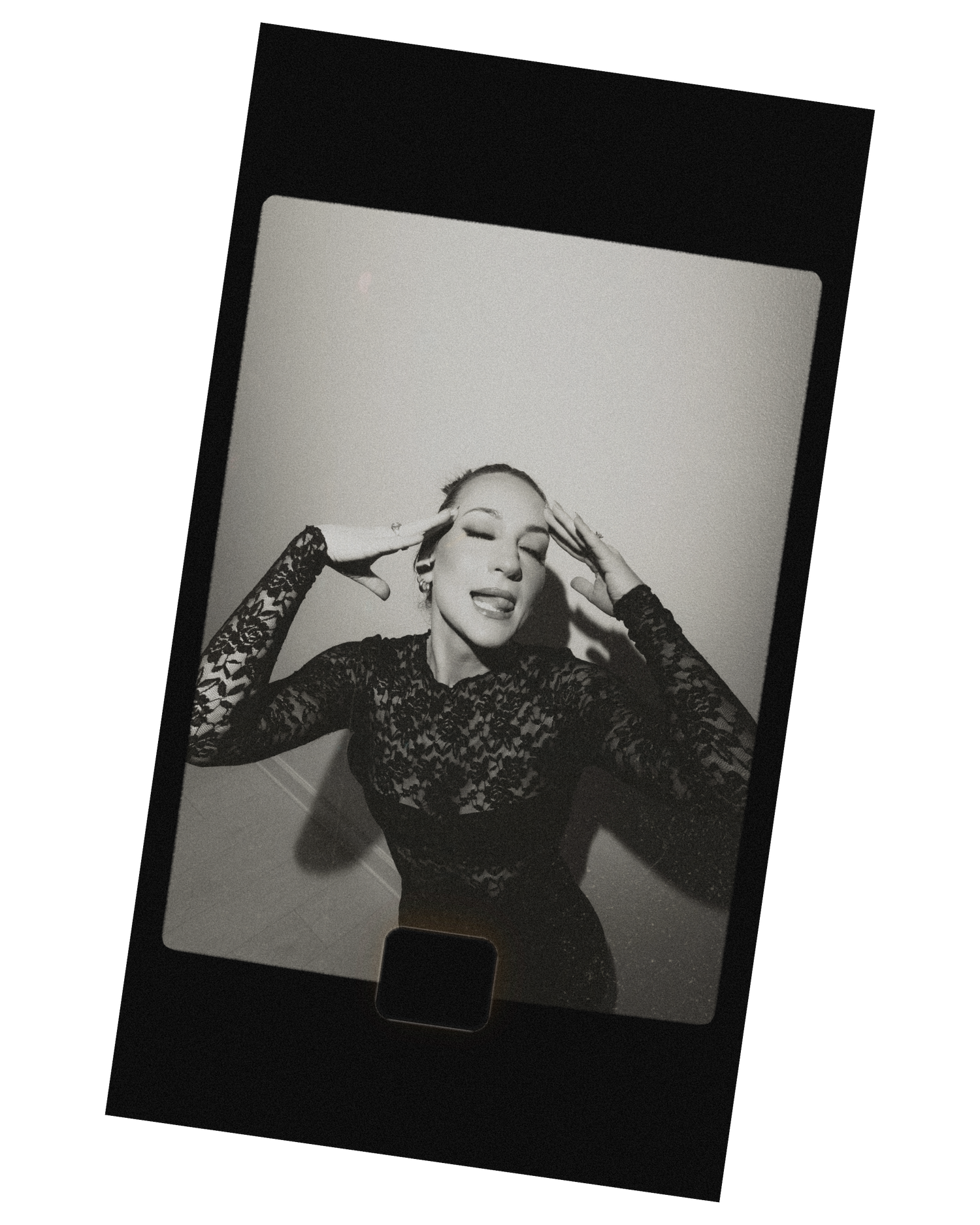 Black and white artistic portraits show a figure in lace expressing dramatic emotions through movement and gestures.