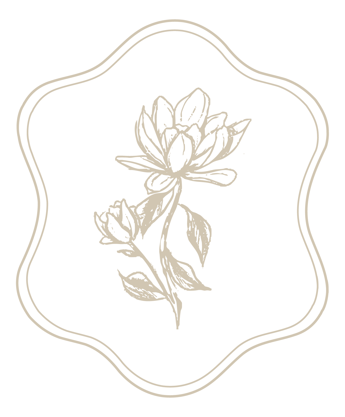 Delicate sketched line drawings of blooming magnolia or lotus flowers in a beige and cream color palette.
