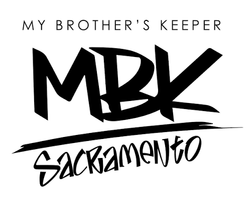 My Brother's Keeper MBK Sacramento organization logo in bold black graffiti-style lettering on white background.