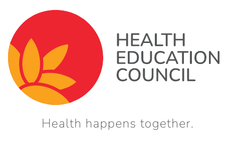 Health Education Council logo with lotus flower icon and tagline Health happens together.