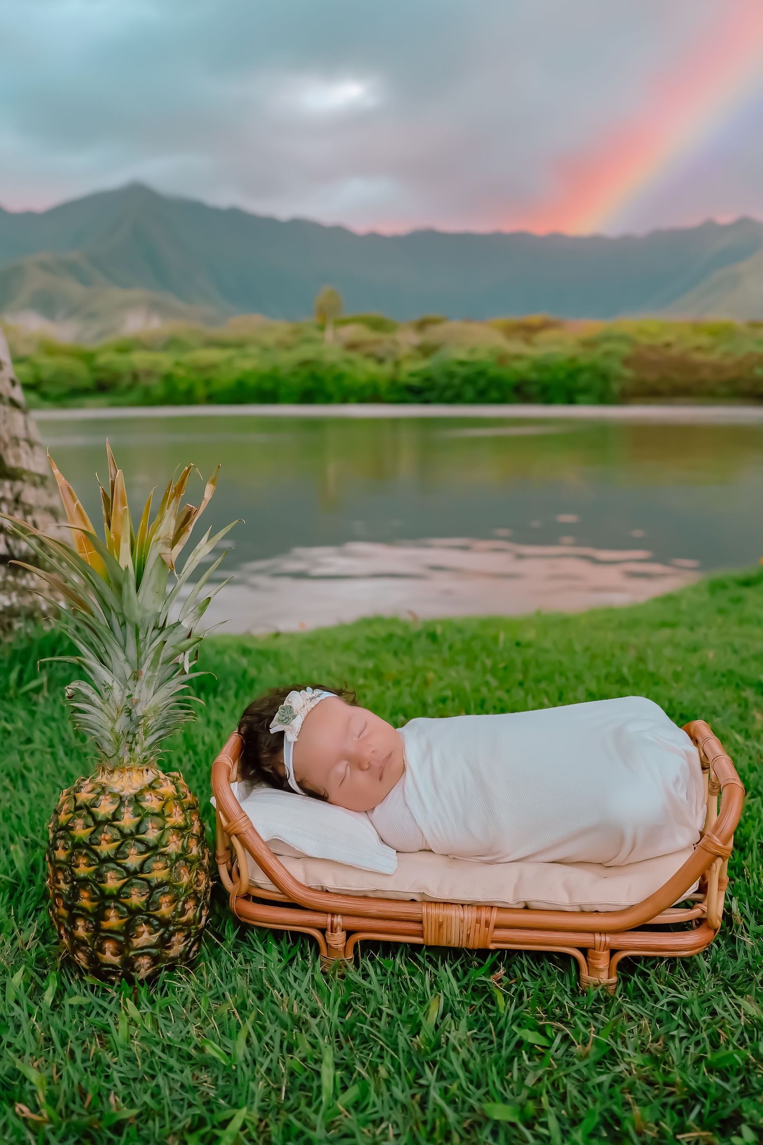 Sleeping newborn in rattan basket next to pineapple with mountain lake and rainbow in background.