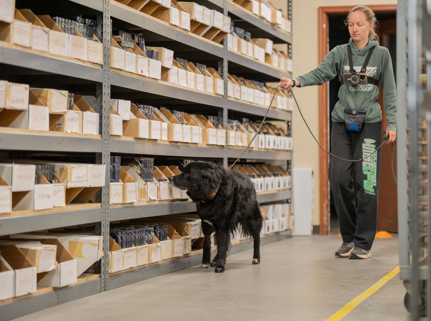 A black dog on a leash sniffs warehouse shelves filled with parts while a woman in a green shirt walks alongside.