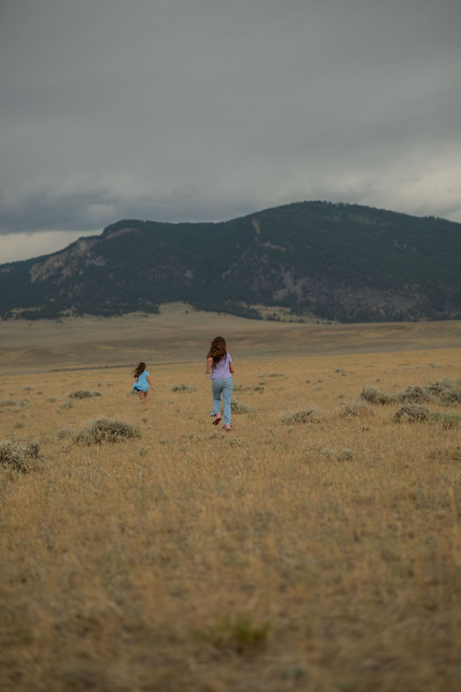 Two children running through golden grasslands with a mountain backdrop under dramatic storm clouds.
