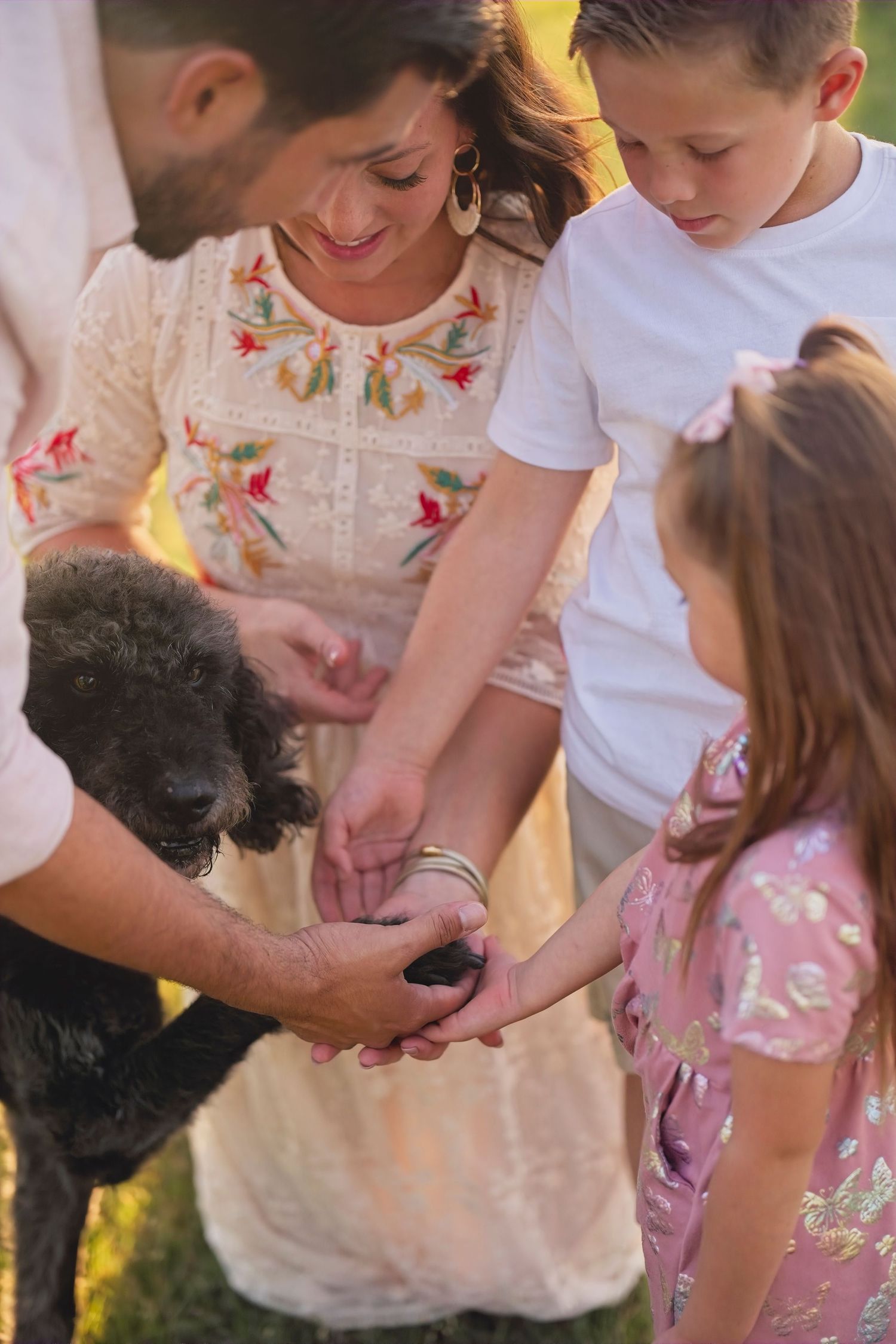 A group gathers around to pet a black dog outdoors on a sunny afternoon.