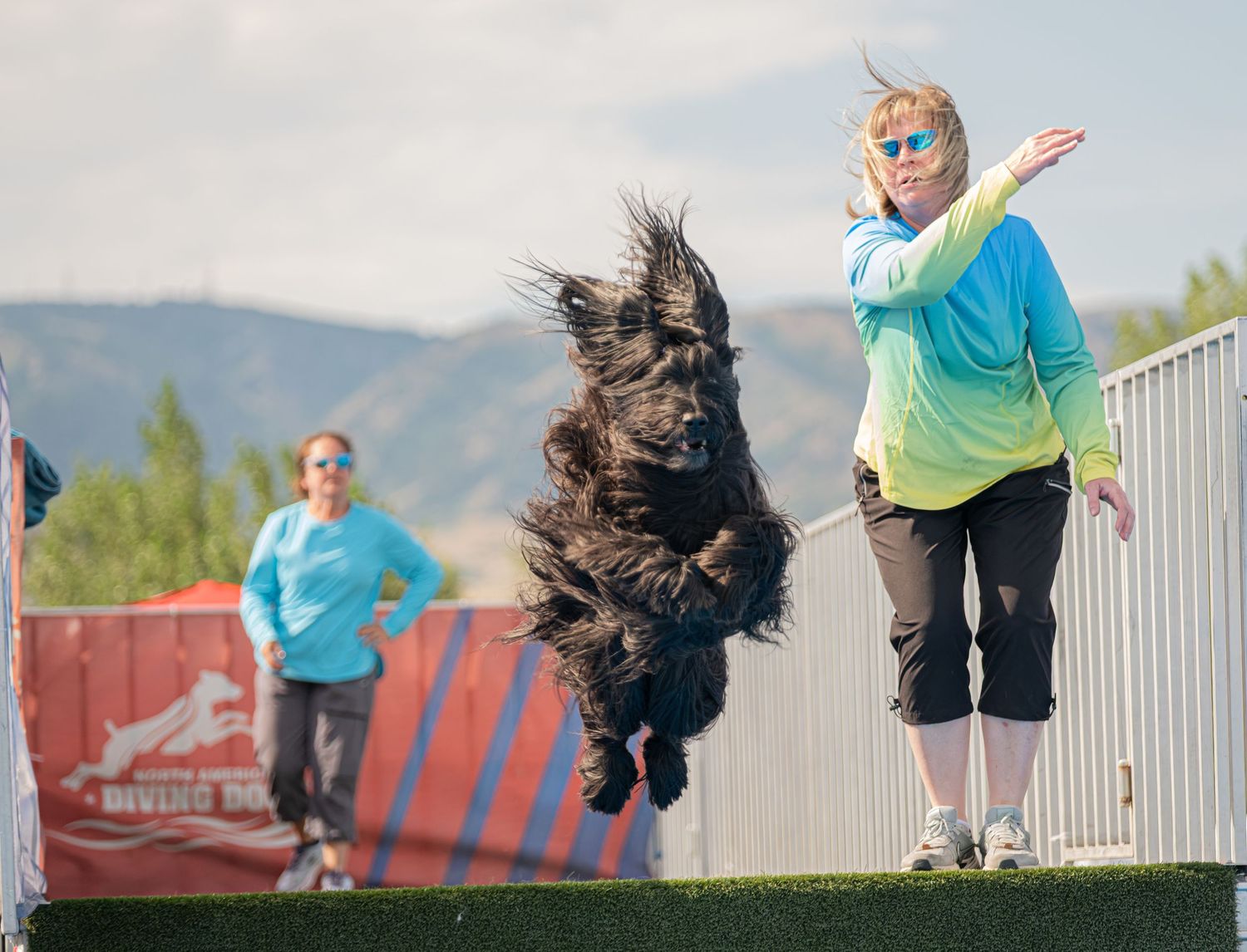 A black fluffy dog leaps mid-air during a fetch competition while a woman in a teal jacket throws a disc outdoors.