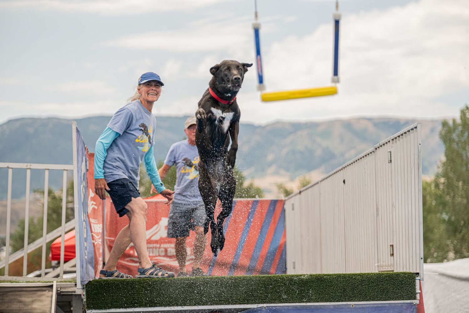 A black dog leaps off a dock into water at a dog diving competition, with two children watching on a sunny day.