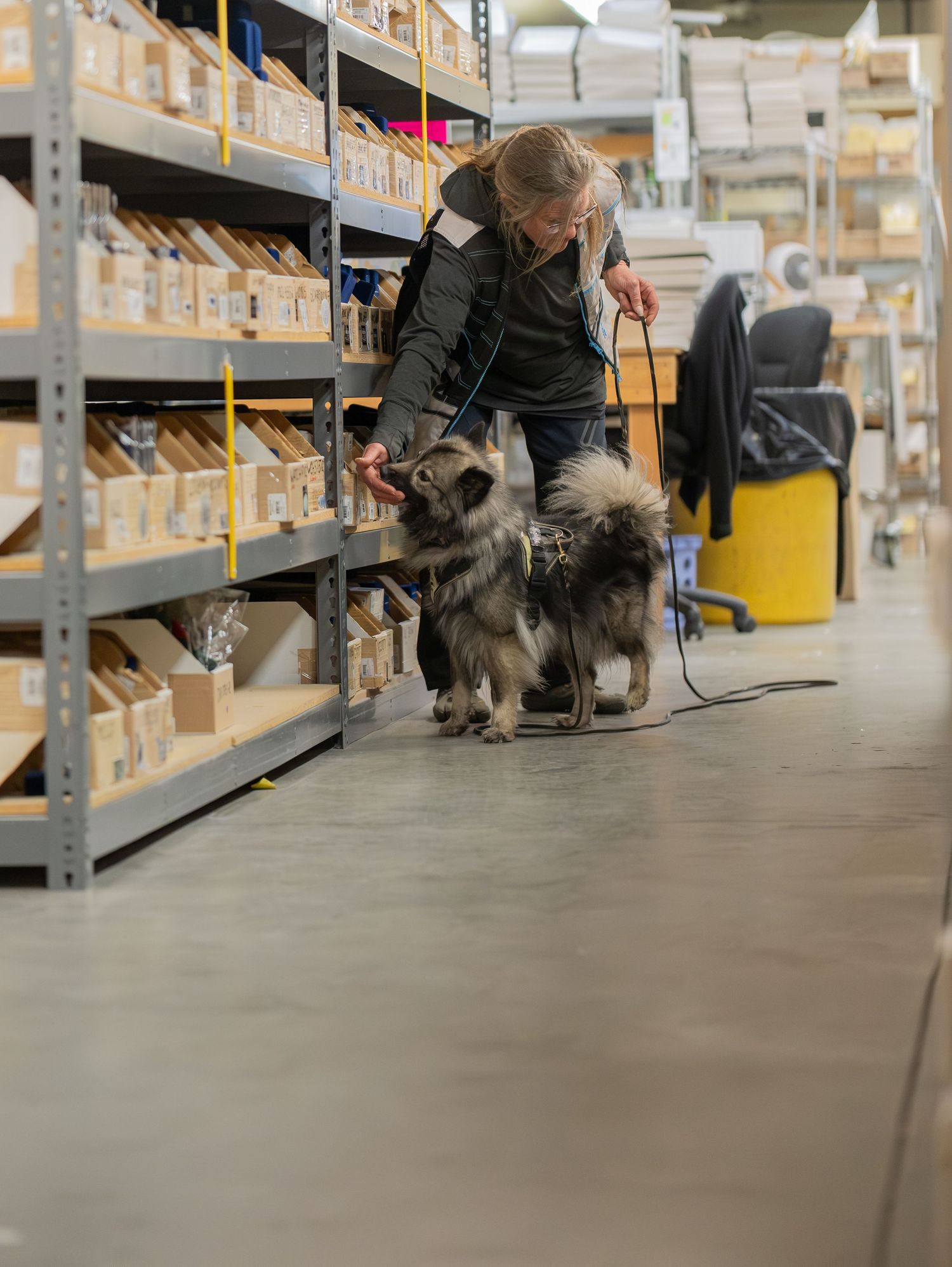 Woman with fluffy dog on leash browsing shelves in a warehouse storage facility aisle.