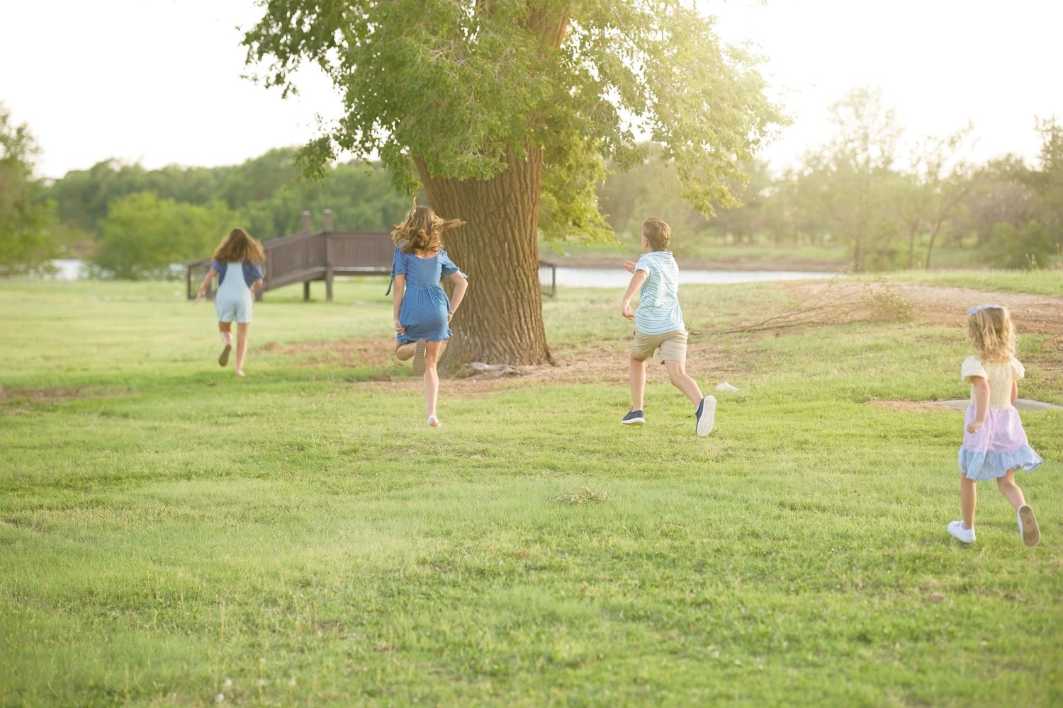 People scattered across a grassy park area on a bright summer evening.
