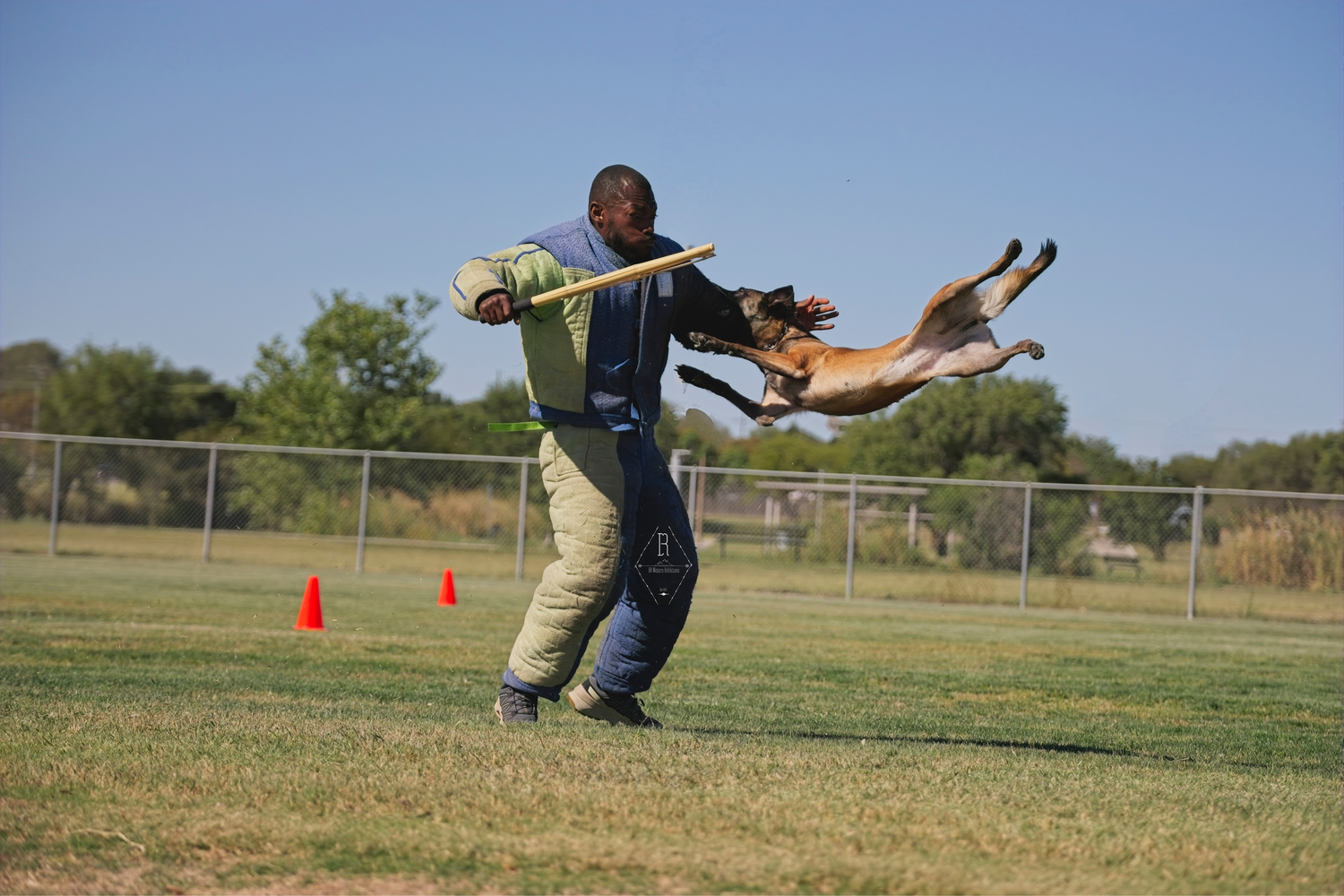A person performs a sequence of athletic movements while throwing a boomerang across an open field.