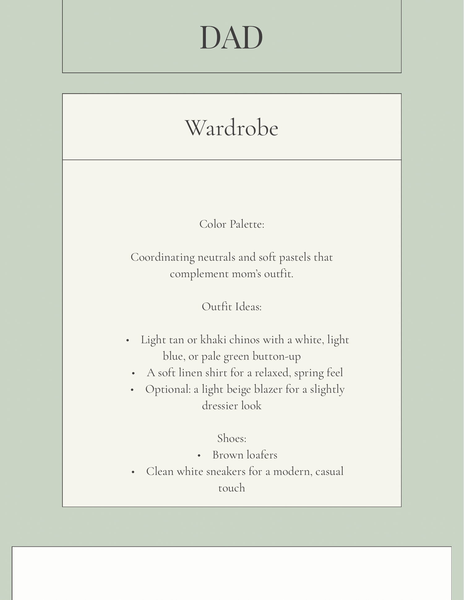 A minimalist fashion style guide page showing outfit ideas and color palette sections with light text on white background.