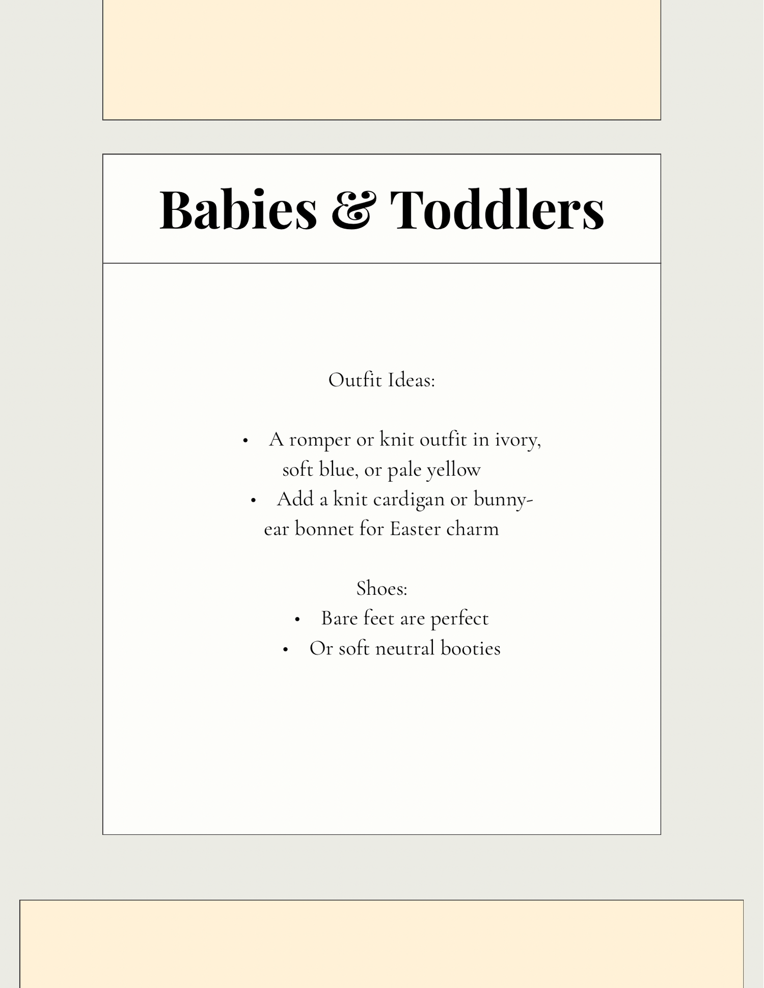 A minimalist design layout featuring text snippets about baby and toddler clothing with soft beige backgrounds.