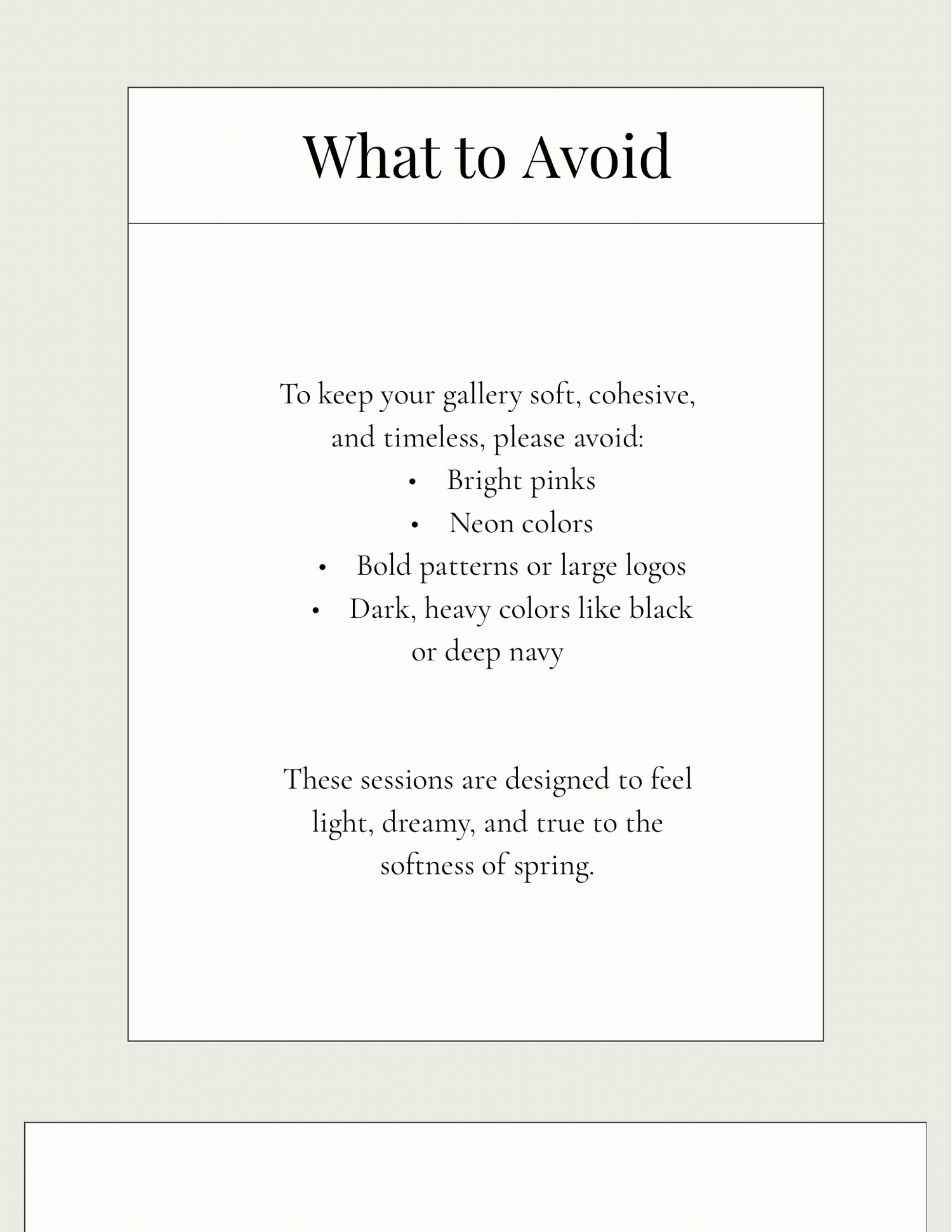 A minimalist style guide titled 'What to Avoid' listing wardrobe guidelines including avoiding bright pinks and neon colors.