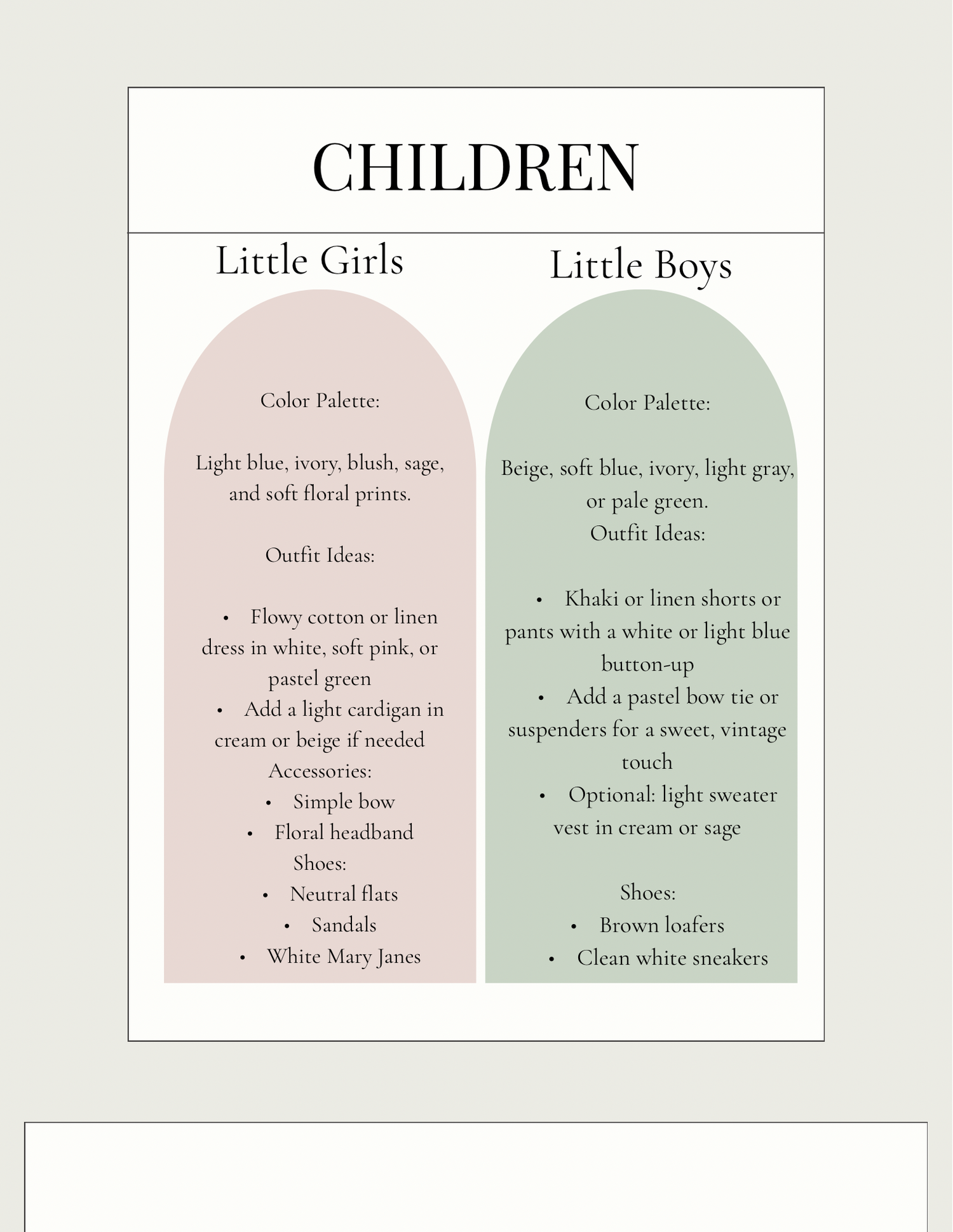 Soft pink and sage green color palette swatches with text showing children's clothing style guidelines.