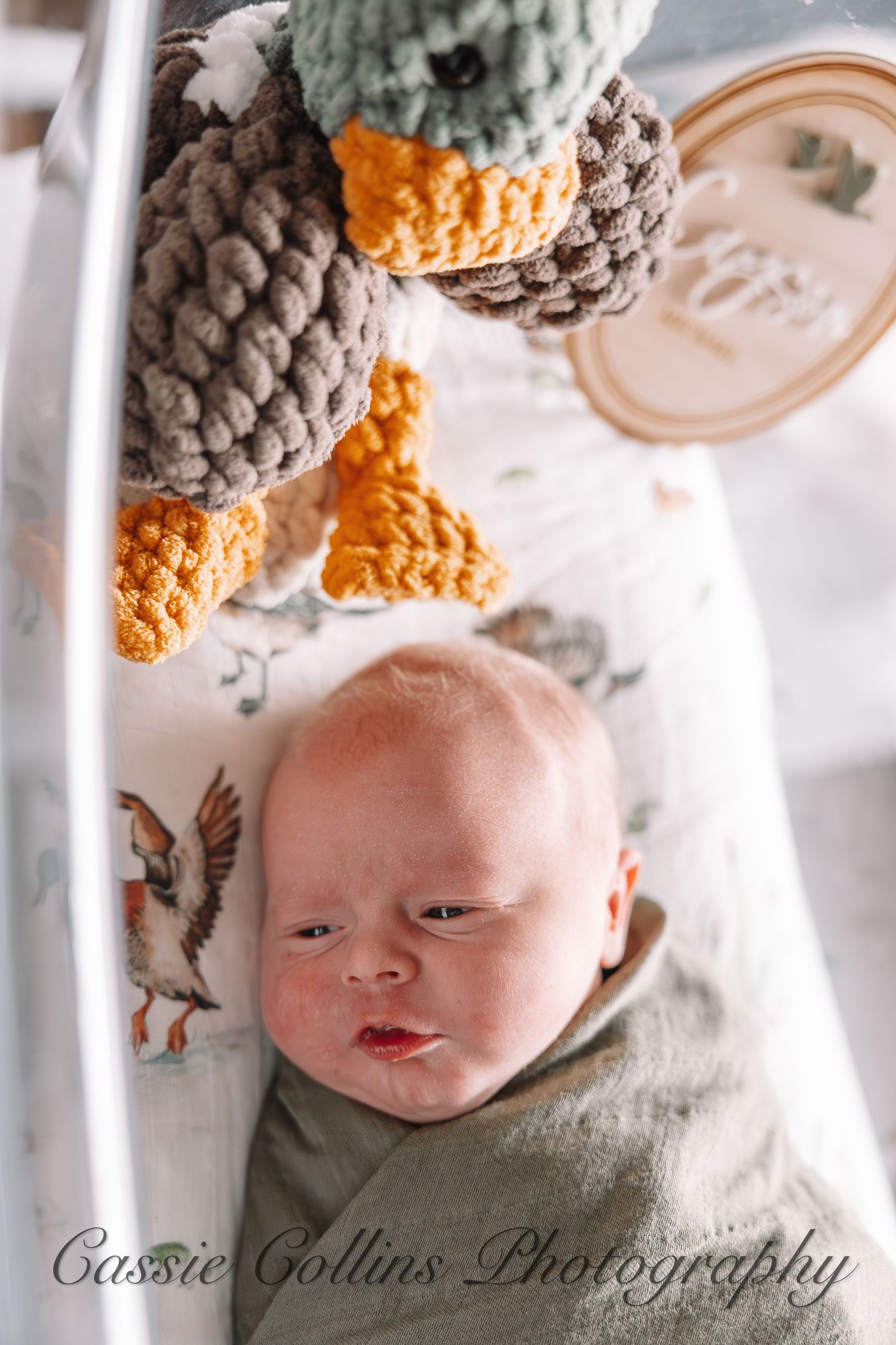A baby wearing a cozy knitted gray and orange pumpkin hat lies on white bedding in a soft autumn-themed portrait.